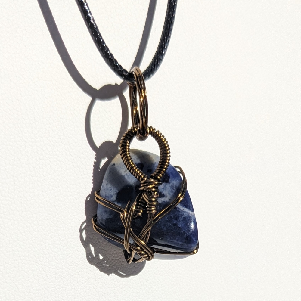 Sodalite Crystal Stone Wire Wrapped Black Cord Necklace Handmade Artisan Brass